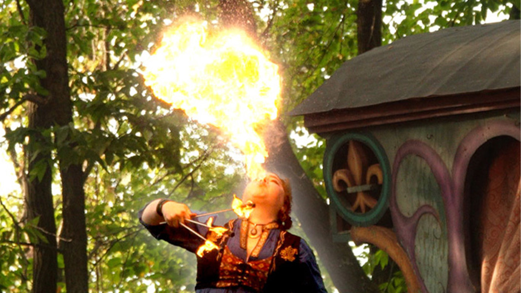 Split image watermelons stacked woman breathing fire