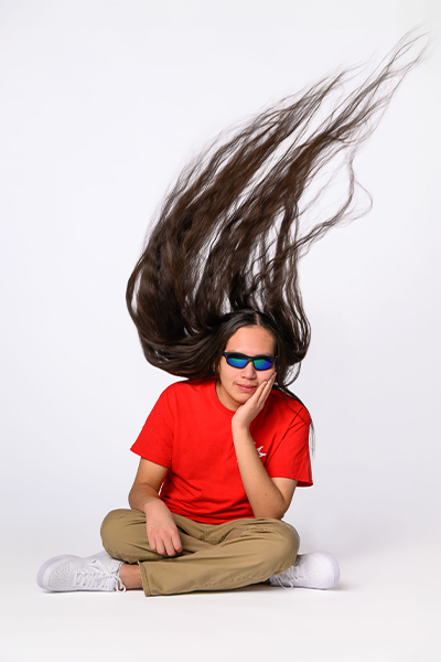 Reuben with hair flying above head