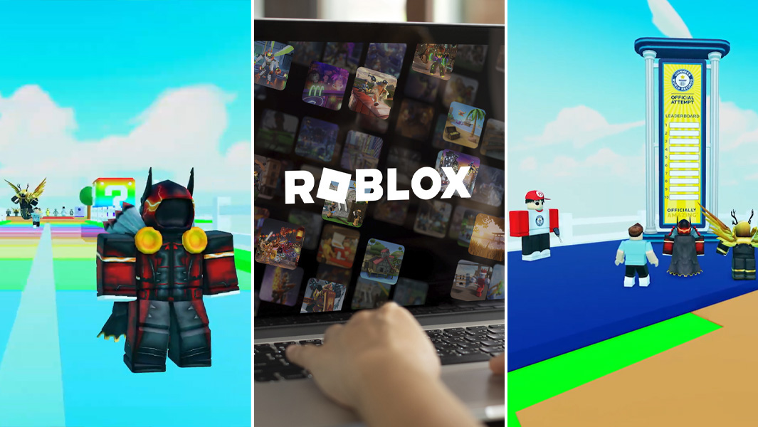 split image roblox logo and moments from game