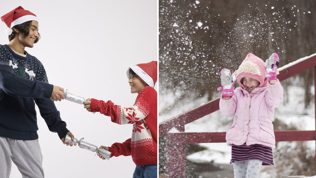 Split image boys pulling christmas crackers girl snowball fighting