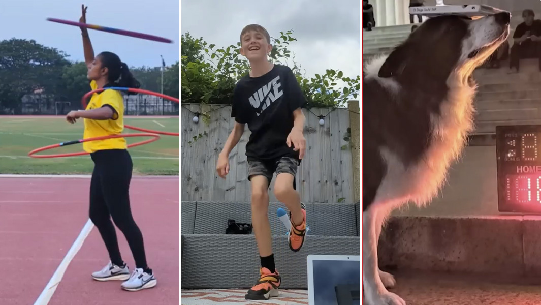 split image hula hooper boy jumping on one leg dog balancing book