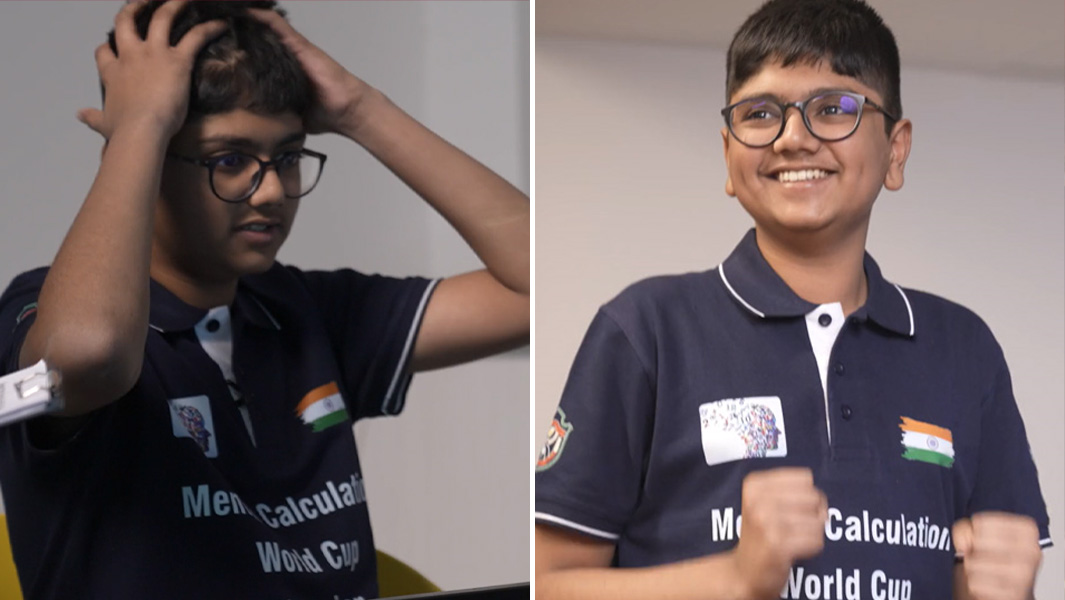 split image aaryan holding head with hands and celebrating