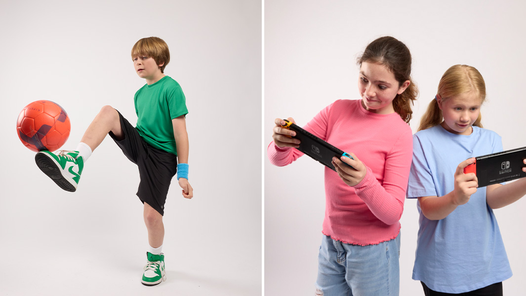 split image boy playing football girls playing videogames