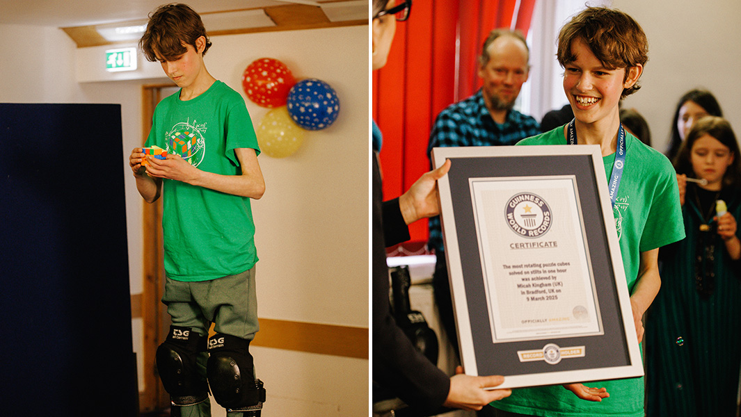 Split image Micah on stilts solving puzzle cube and holding certificate