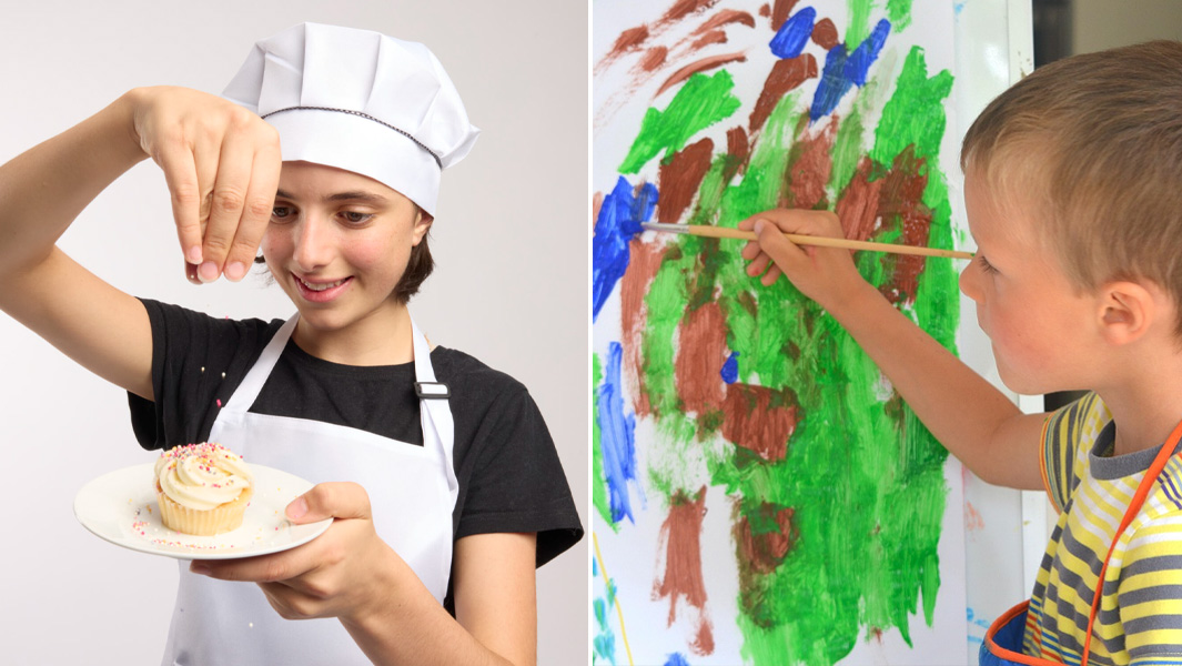 Split image girl decorating cupcake and boy painting