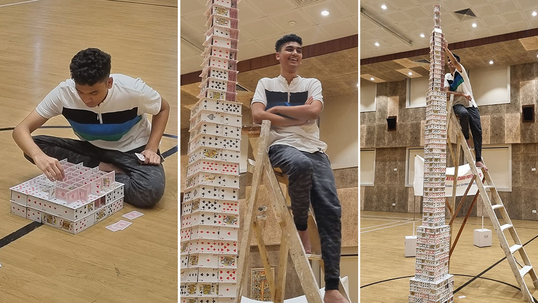 Split image Arnav building card tower