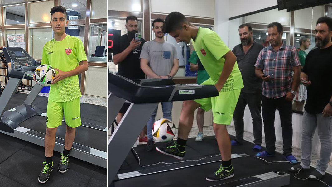 Meraj juggling a football with his feet whilst on a treadmill
