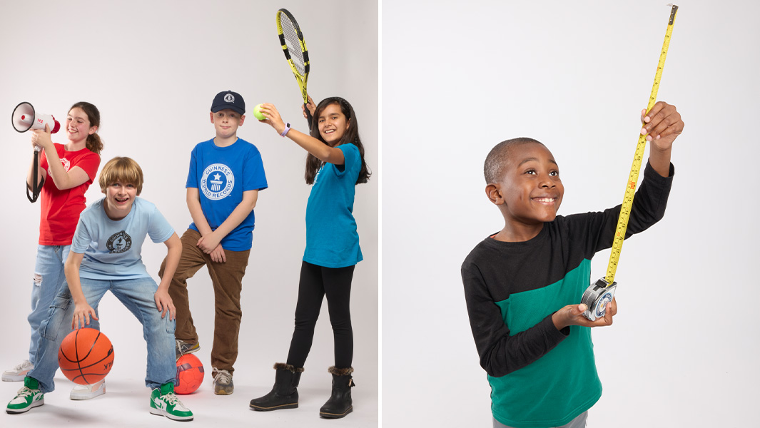 Split image kids playing sports boy with tape measure