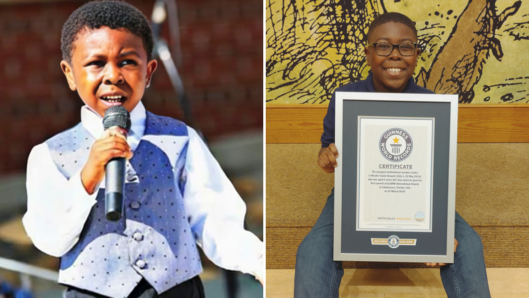Split image Caleb speaking and holding certificate