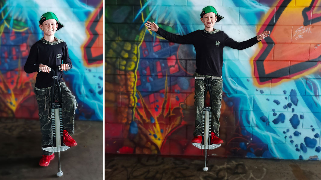 Two images of Lachlan stood on his pogo stick, one with his arms crossed and the other with his arms up in the air