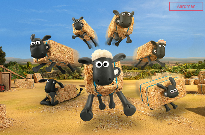 Shaun the Sheep characters flying in the air covered in hay