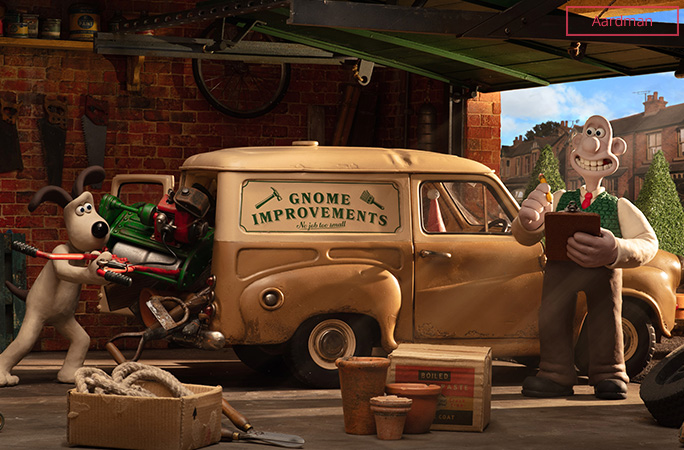 Wallace and Gromit loading their Gnome Improvements van