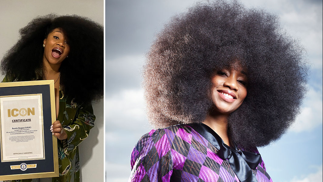 Split image Aevin with afro and icon certificate
