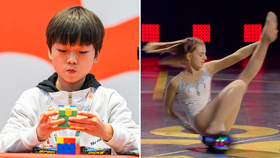 Split image boy speedcuber girl hoverboarding