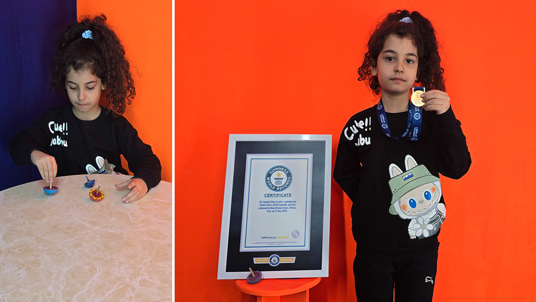 A picture of Hana playing with a spinning top and a picture of Hana with her GWR certificate and medal