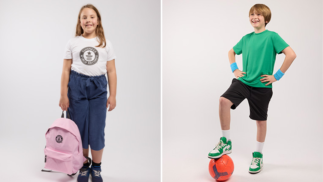 split image girl with backpack boy with football