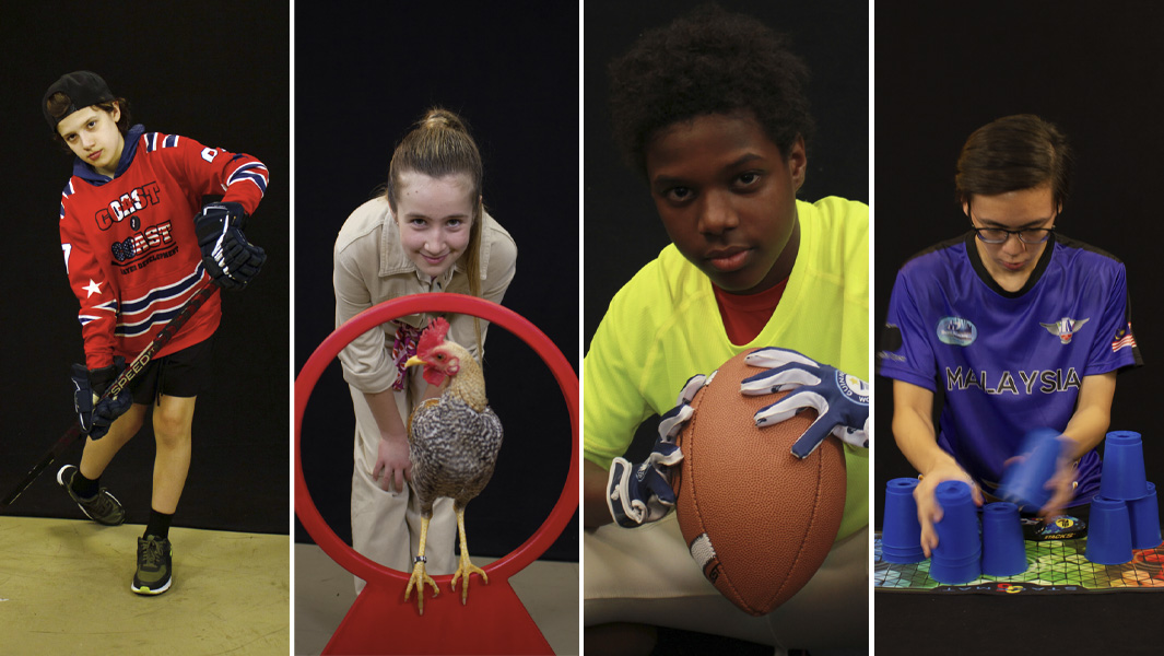 split image four kids with records