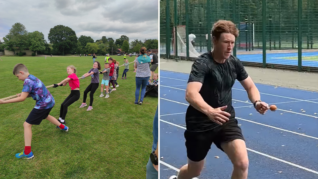 split image longest tug of war fastest egg and spoon race