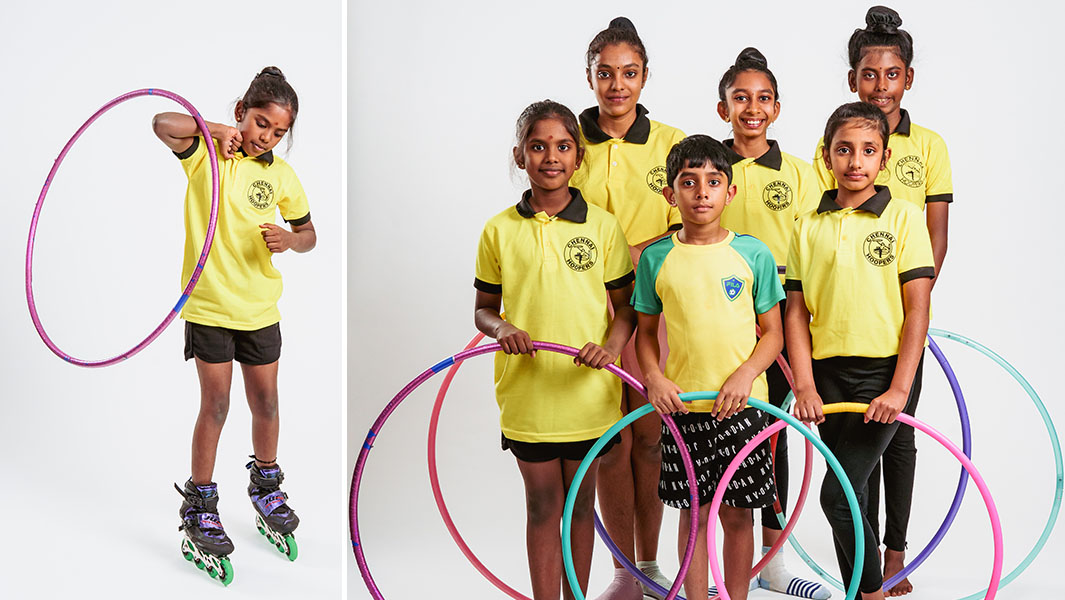 Split image of Vaishnavi passing a hula hoop around her body using her elbows while balancing on inline skates and six members of the Chennai Hoopers stood together holding their hoops