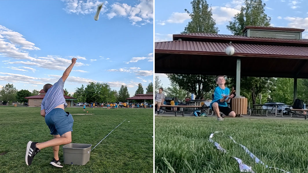 split image David throwing balloon Jeremy catching it