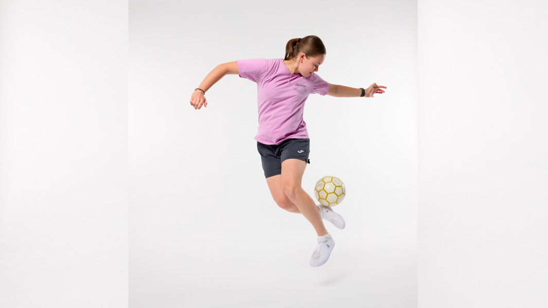split image isabel with certificates and doing football trick