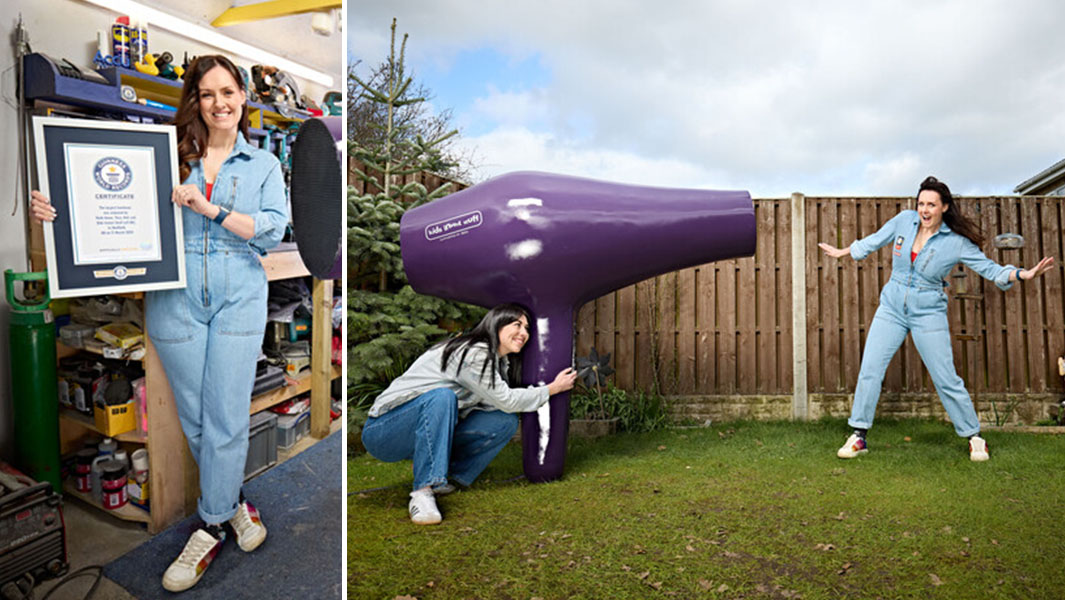 Split image of Ruth holding her GWR certificate and Ruth being blown away by the largest hairdryer