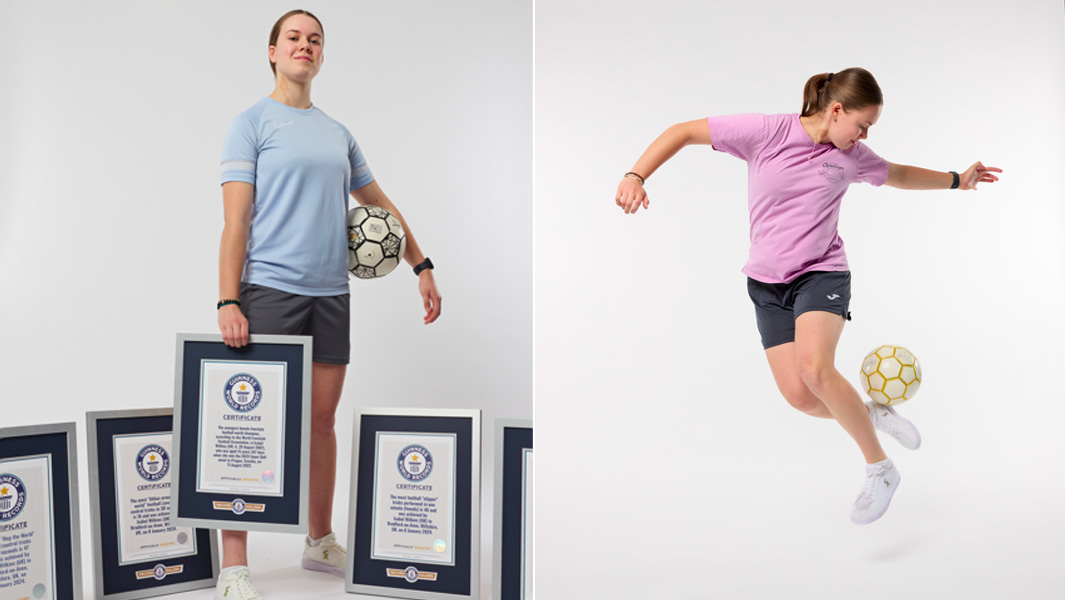split image isabel with certificates and doing football trick