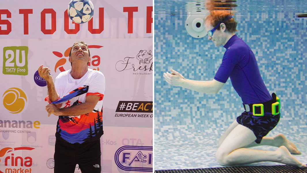 split image professor with football teacher underwater