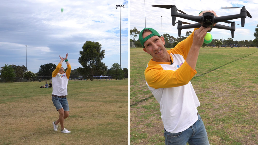 split image ozzie catching ball and drone