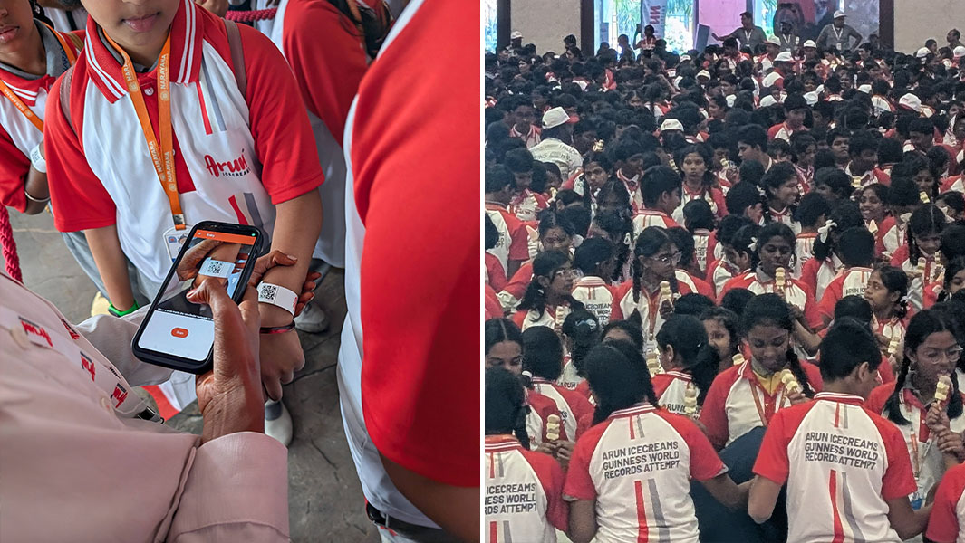 split image kid scanning qr code kids eating ice cream