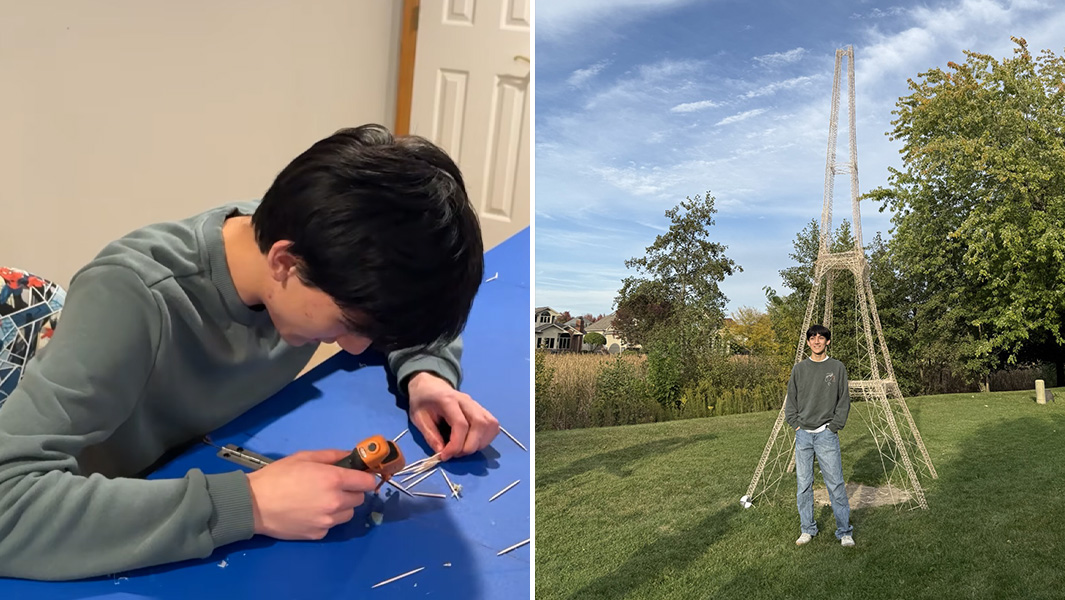 split image Eric working on tower and finished tower