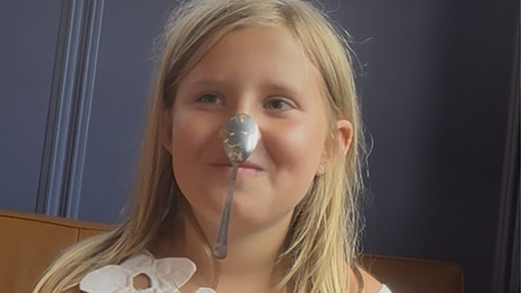 Matilda split image with spoon on nose and smiling