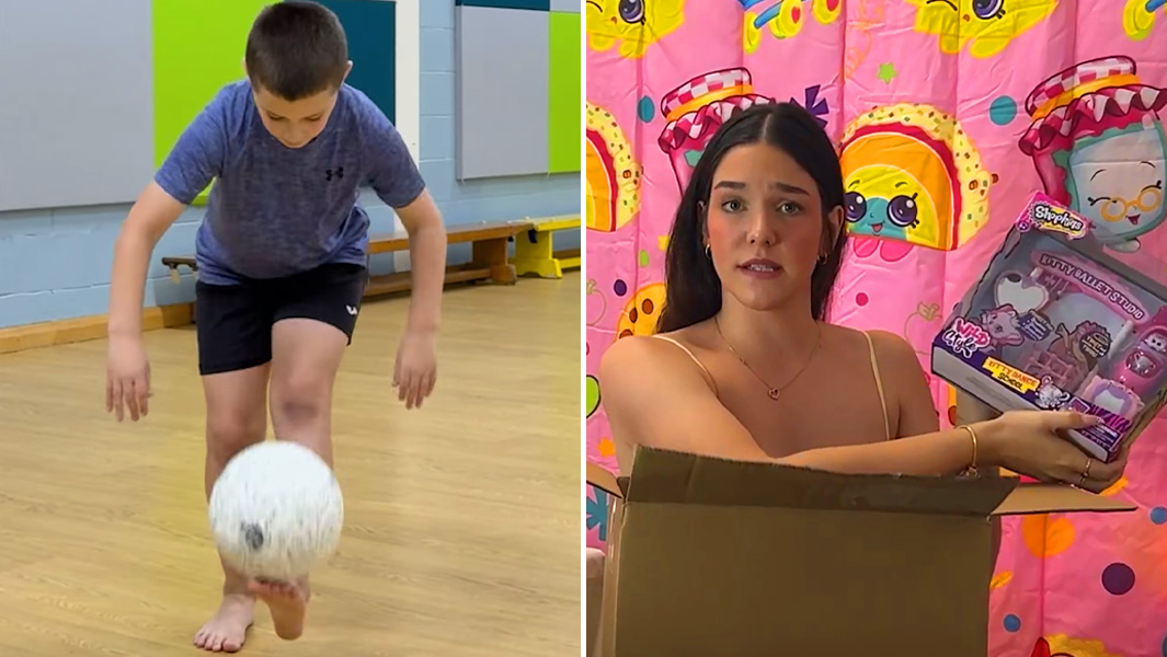 split image kid kicking ball girl showing shopkins