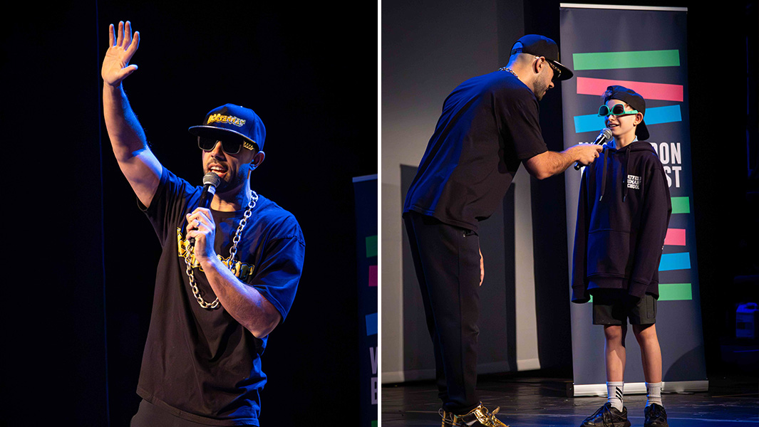 MC Grammar split image alone and with kid