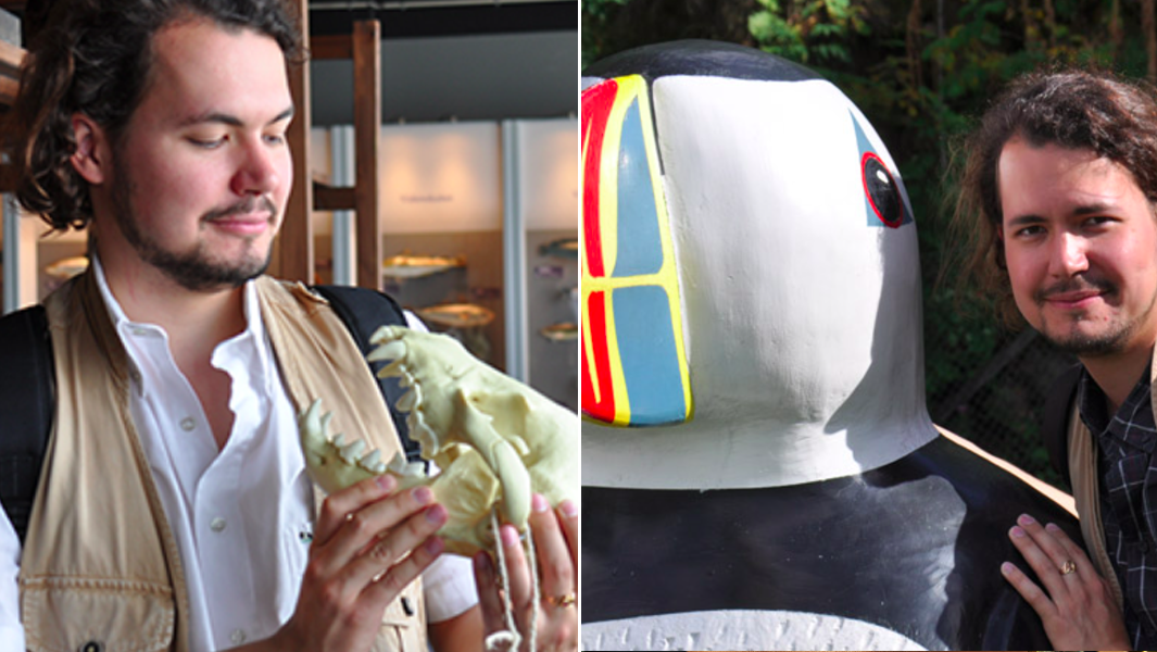 split image Jonas posing with skeleton and penguin