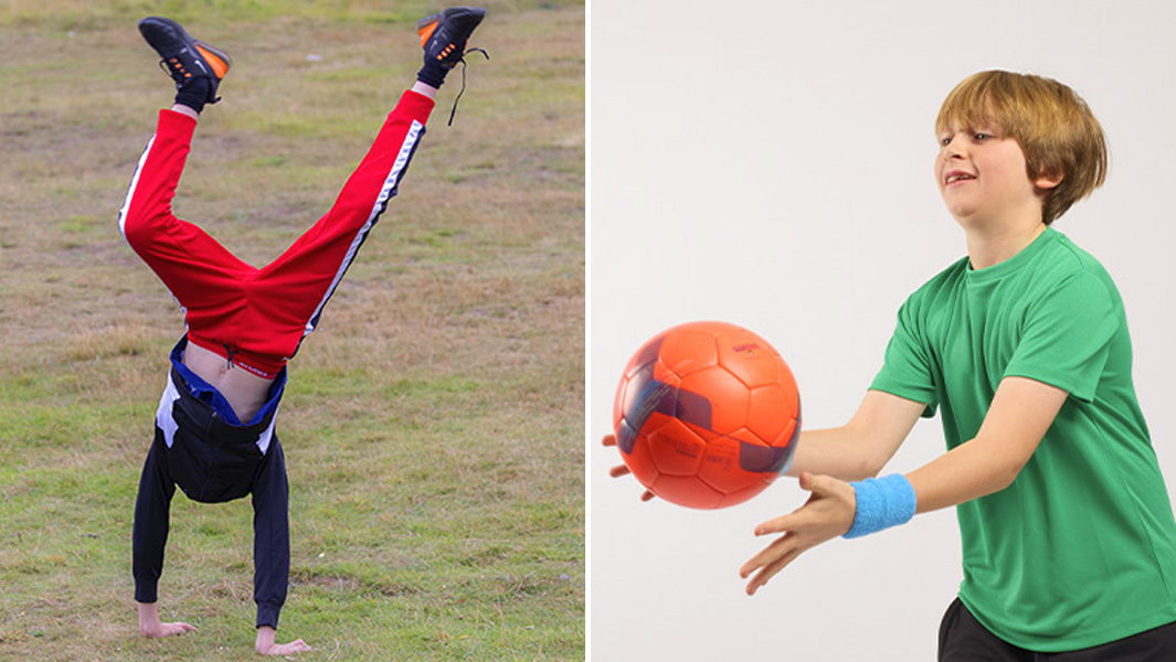 Split image boy doing cartwheel boy catching ball