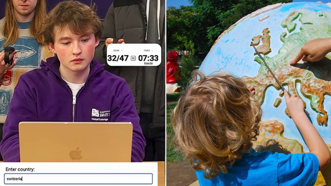 split image Jonathan attempting record kid with globe