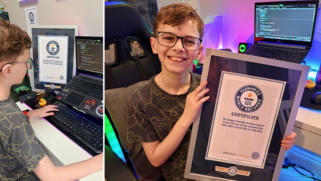 Split image of Max working at his laptop and holding his GWR certificate