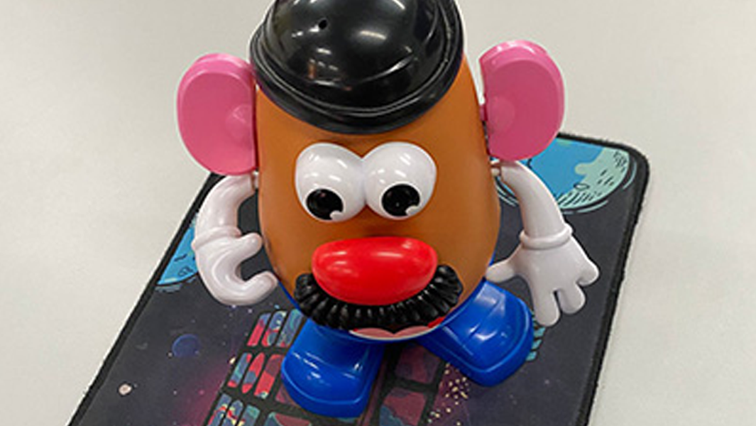 split image calen with mr potato head closeup