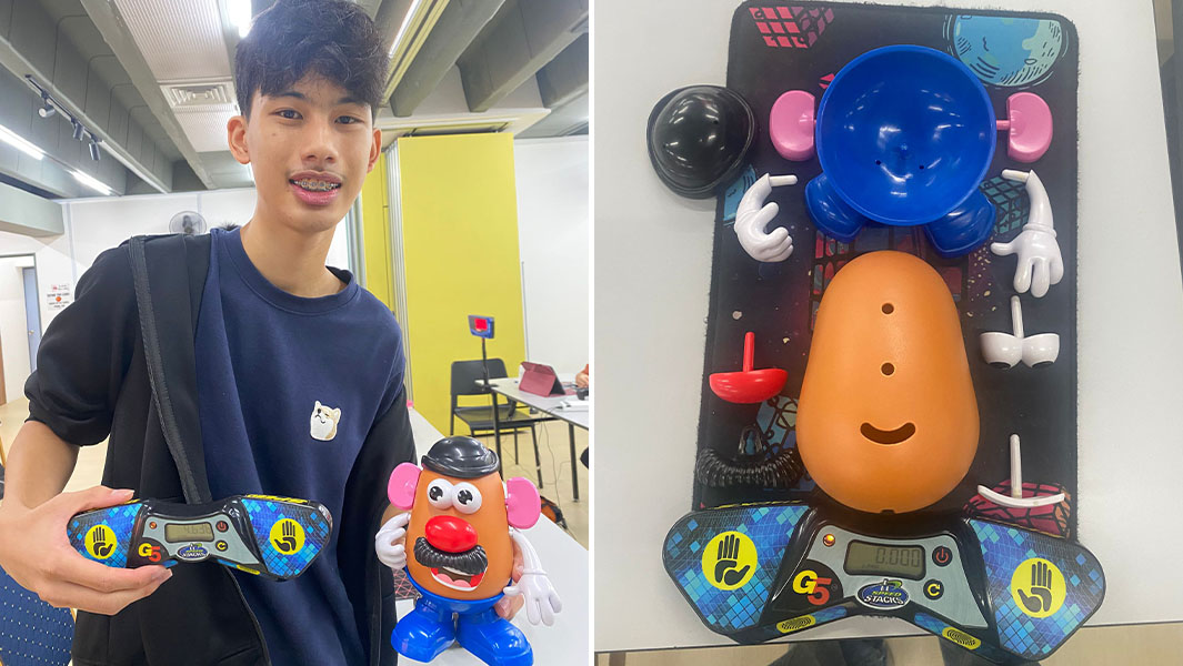 split image calen with mr potato head closeup