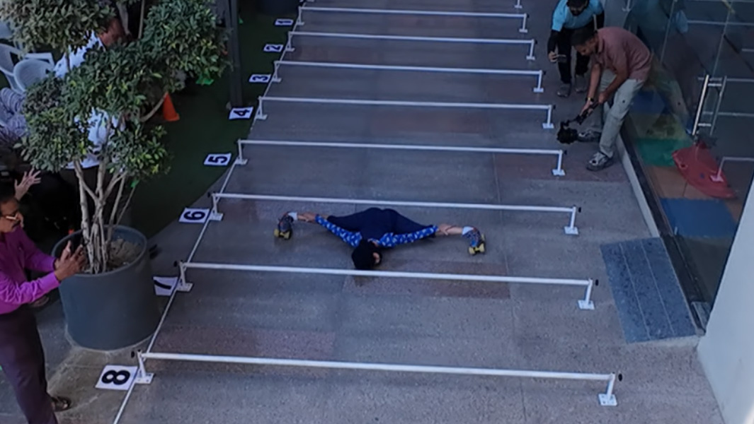 split image girl limbo skating and holding flag