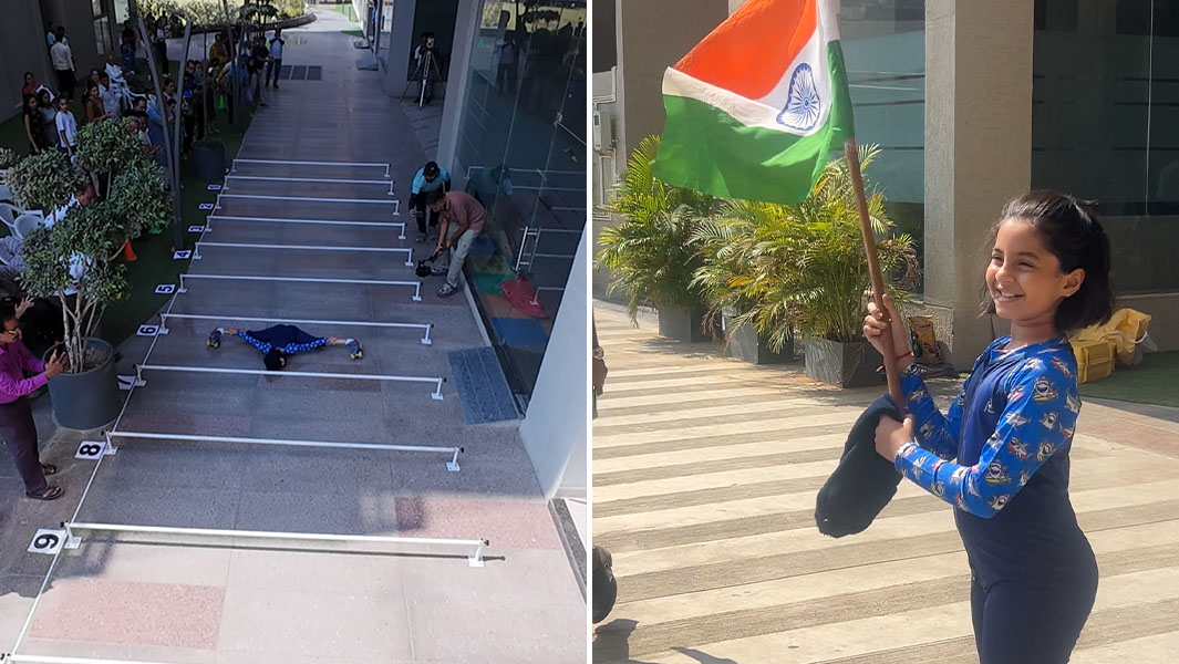 split image girl limbo skating and holding flag