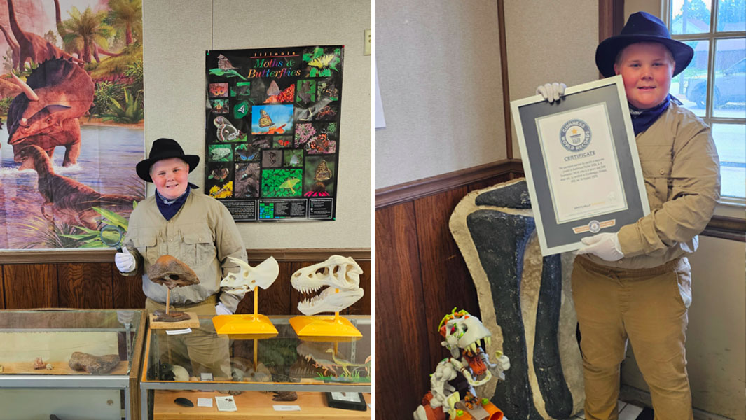 split image Anderson in museum and holding certificate