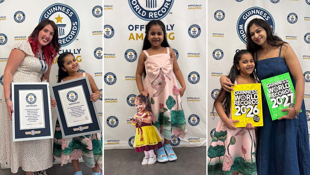 Images of Anvi with GWR Editor Caitlin Hyem, a cardboard cutout of Jyoti Amge and her mum 