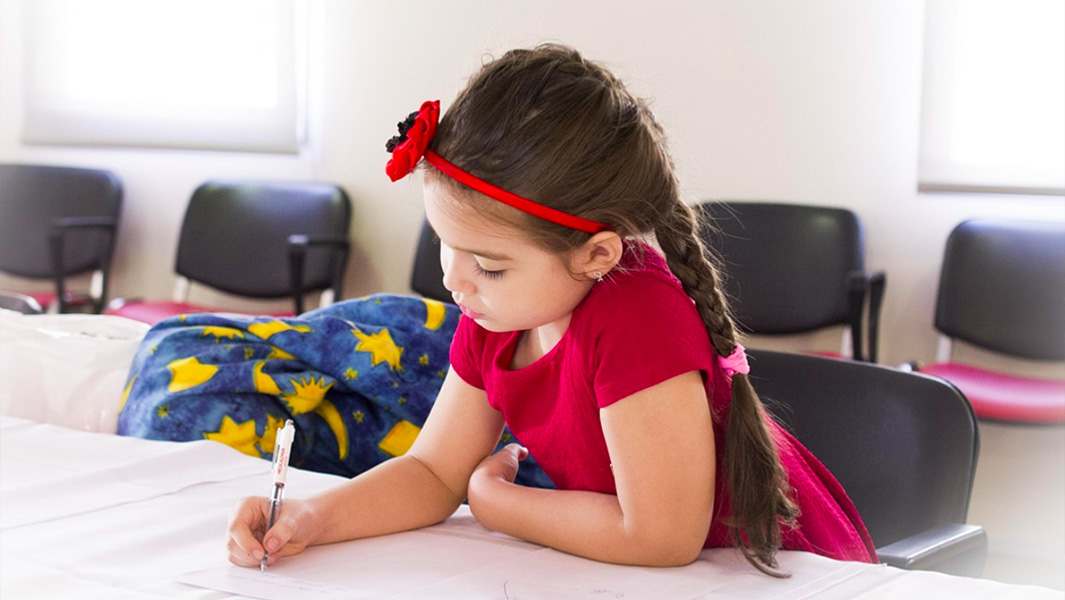 split image girl at school stack of books
