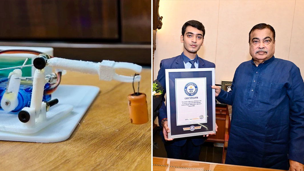 split image smallest robot arm close up hiten with certificate