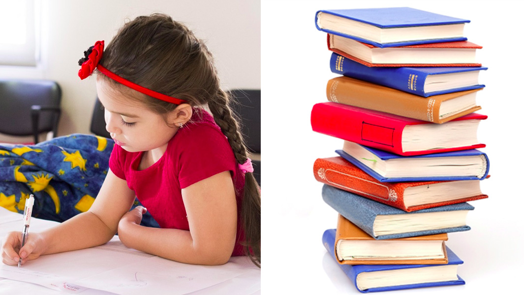 split image girl at school stack of books