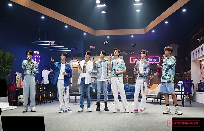 bts in a studio performing