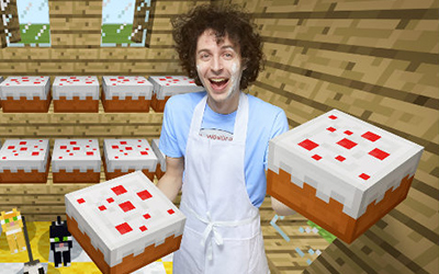 man holding cartoon cakes minecraft