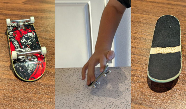the front and back view of a fingerboard and a childs fingers doing an ollie with a third fingerboard 